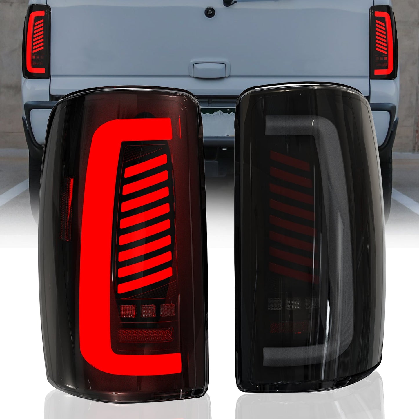 Full Led tail lights for 2000-2006 Chevy Tahoe, Suburban, GMC Yukon Starting Animated Rear Light Assembly, Dynamic Turn Signal,Brake Light,Reverse Light Smoked