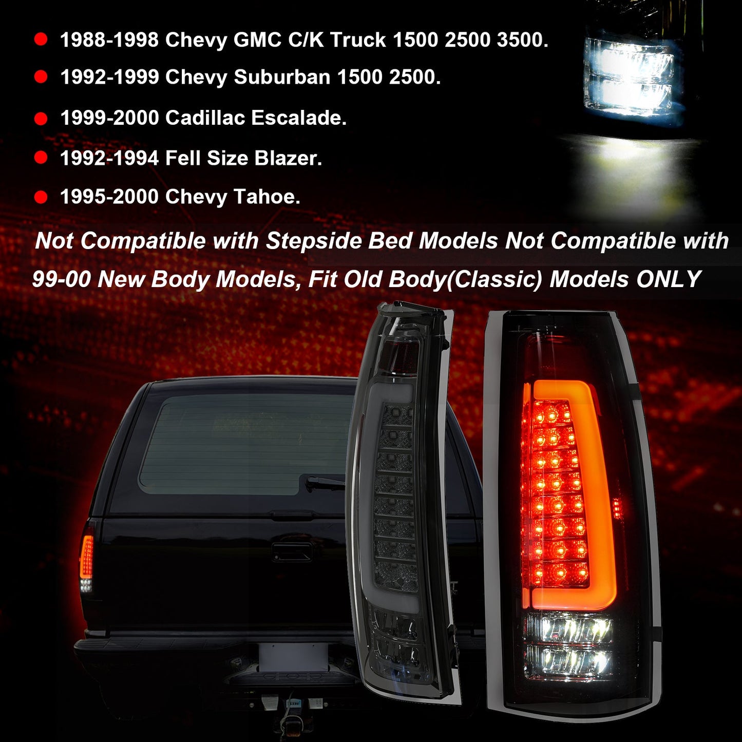 Smoked Tail Lights for 1988-1999 Chevy GMC C/K Pickup Truck Silverado Suburban Sierra Tahoe Yukon