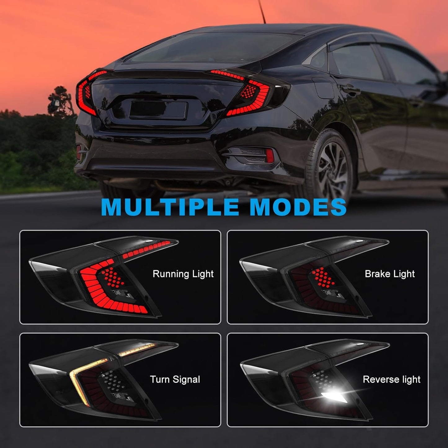 LED Tail Lights for 2016-2021 Honda Civic 10th Gen Sedan with Smoked Lens