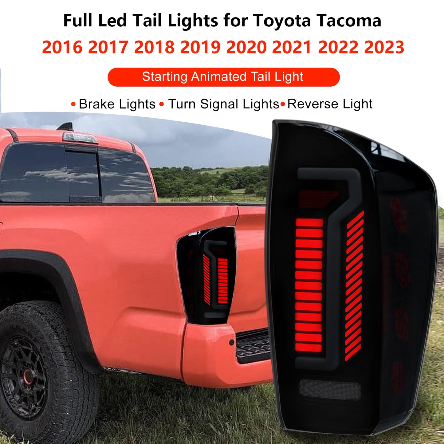 Full LED Tail Lights for 2016-2023 Toyota Tacoma with Smoked Lens & Dynamic Starting Animation (1 Pair)