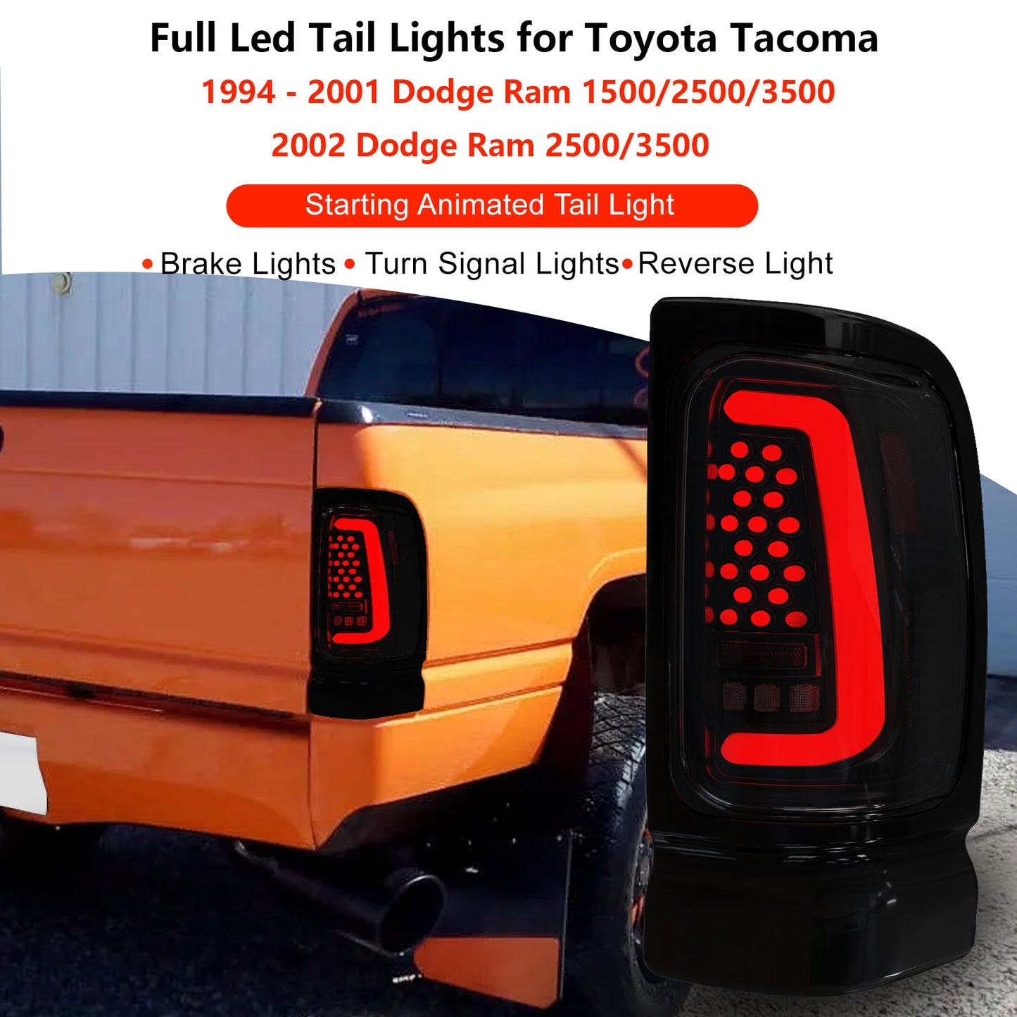 Sequential Full Led tail lights for Dodge 1994-2001 Ram 1500, 1994-2002 Ram 2500/3500 Starting Animated Rear Light Assembly, Dynamic Turn Signal,Brake Light,Reverse Light Smoked
