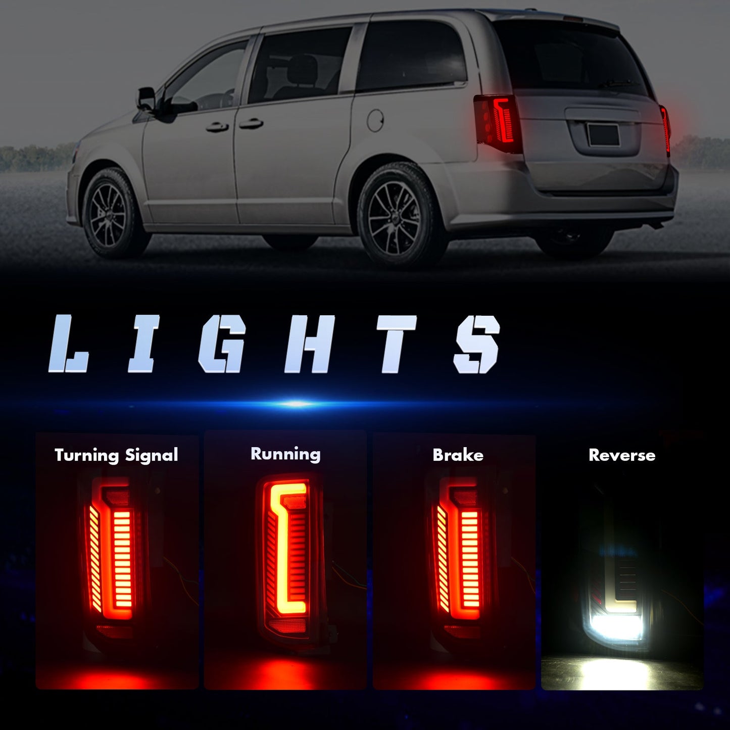 Sequential LED Tail Light for 2011-2020 Dodge Grand Caravan Starting Animated Rear Light Assembly, Dynamic Turn Signal,Brake Light,Reverse Light Smoked