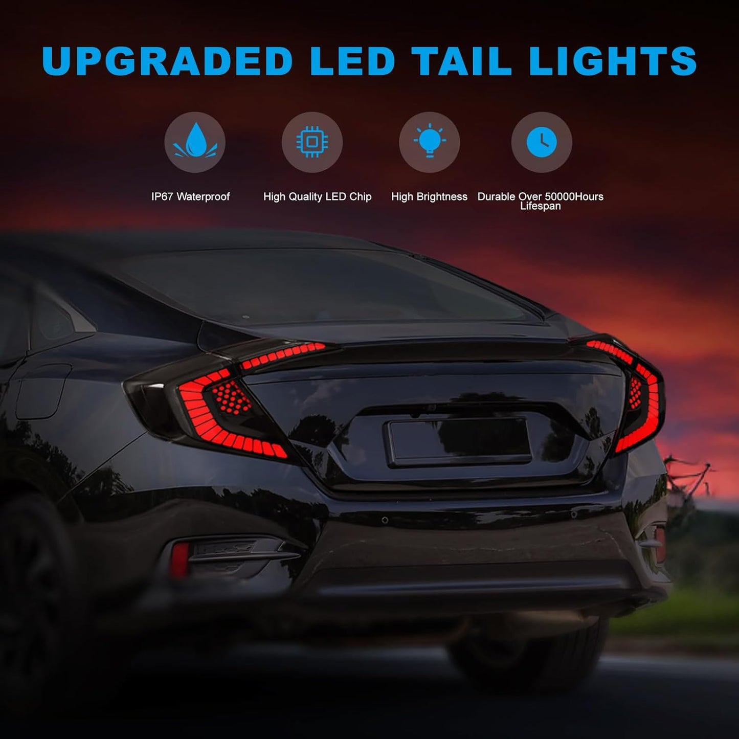 LED Tail Lights for 2016-2021 Honda Civic 10th Gen Sedan with Smoked Lens