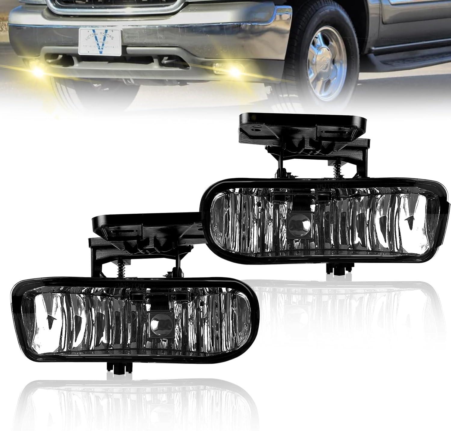 Mcooo Fog Lights Fit For 2000 2001 2002 2003 2004 2005 2006 GMC Yukon Pickup Truck / 1999 2000 2001 2002 GMC Sierra, A Pair Of Fog Lamps With Housing And Smoked Lens
