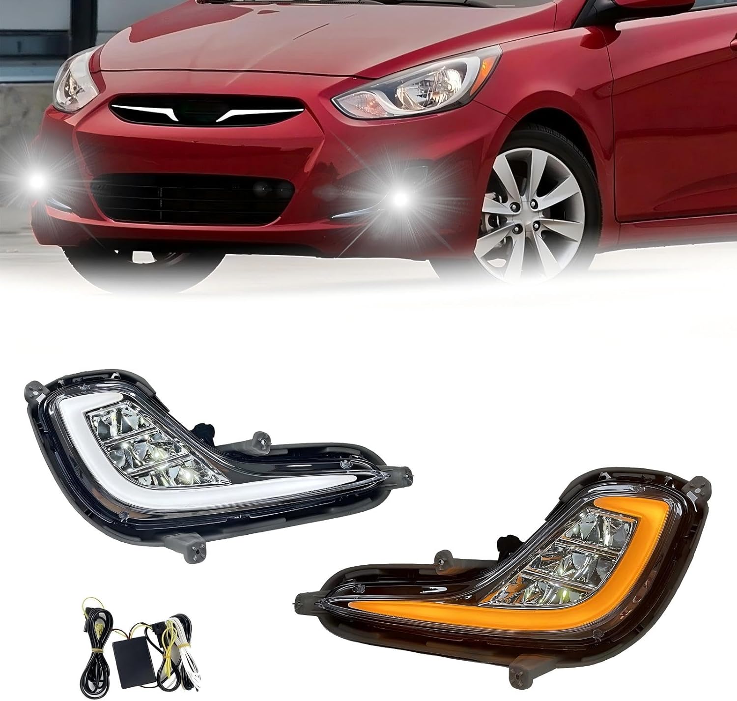 Mcooo Fit For 2012-2017 Hyundai Accent Fog Lights with DRL and turn signal Full Kit with Switch and Harness (LED Version)