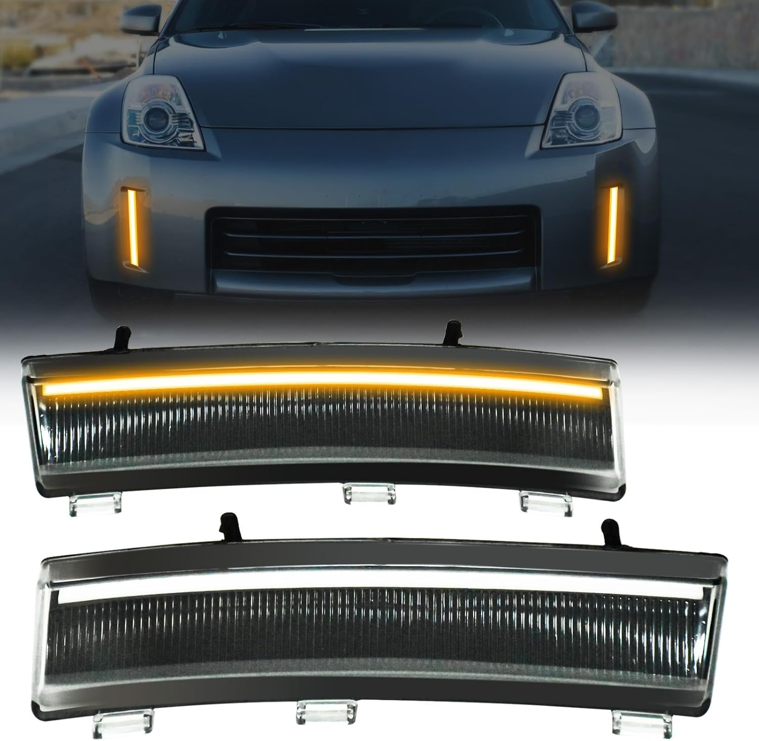 Mcooo LED Side Marker Lights for Nissan 350Z LCI 2006-2009, Front Bumper Reflector Side Marker with DRL & Turn Signals, Left & Right Side
