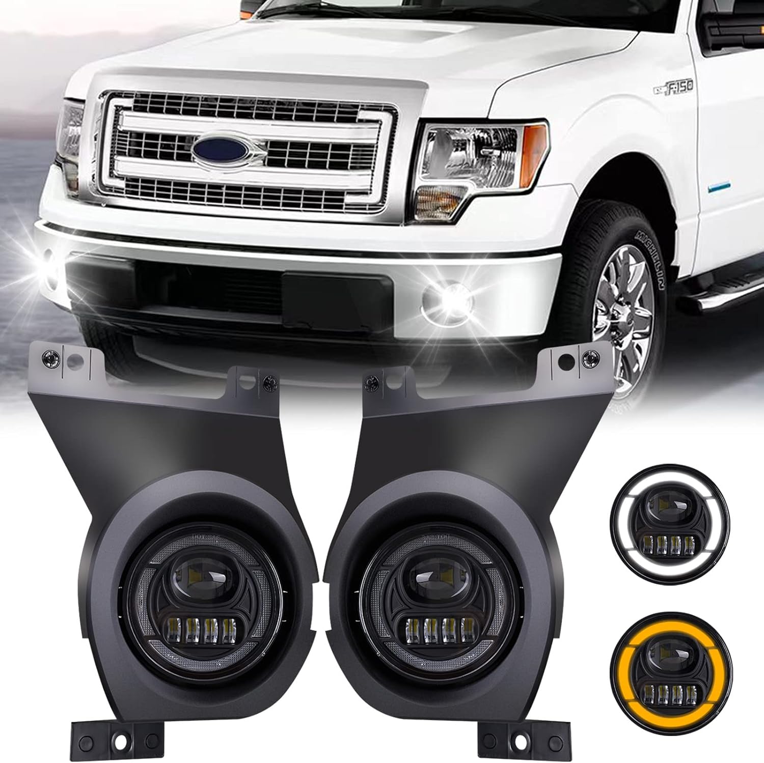 Mcooo LED Fog Lights with DRL/Turn Signal Compatible with 2011 2012 2013 2014 Ford F150 Bumper Driving Fog Lamp Assembly Replacement DOT Approved（1 Pair）