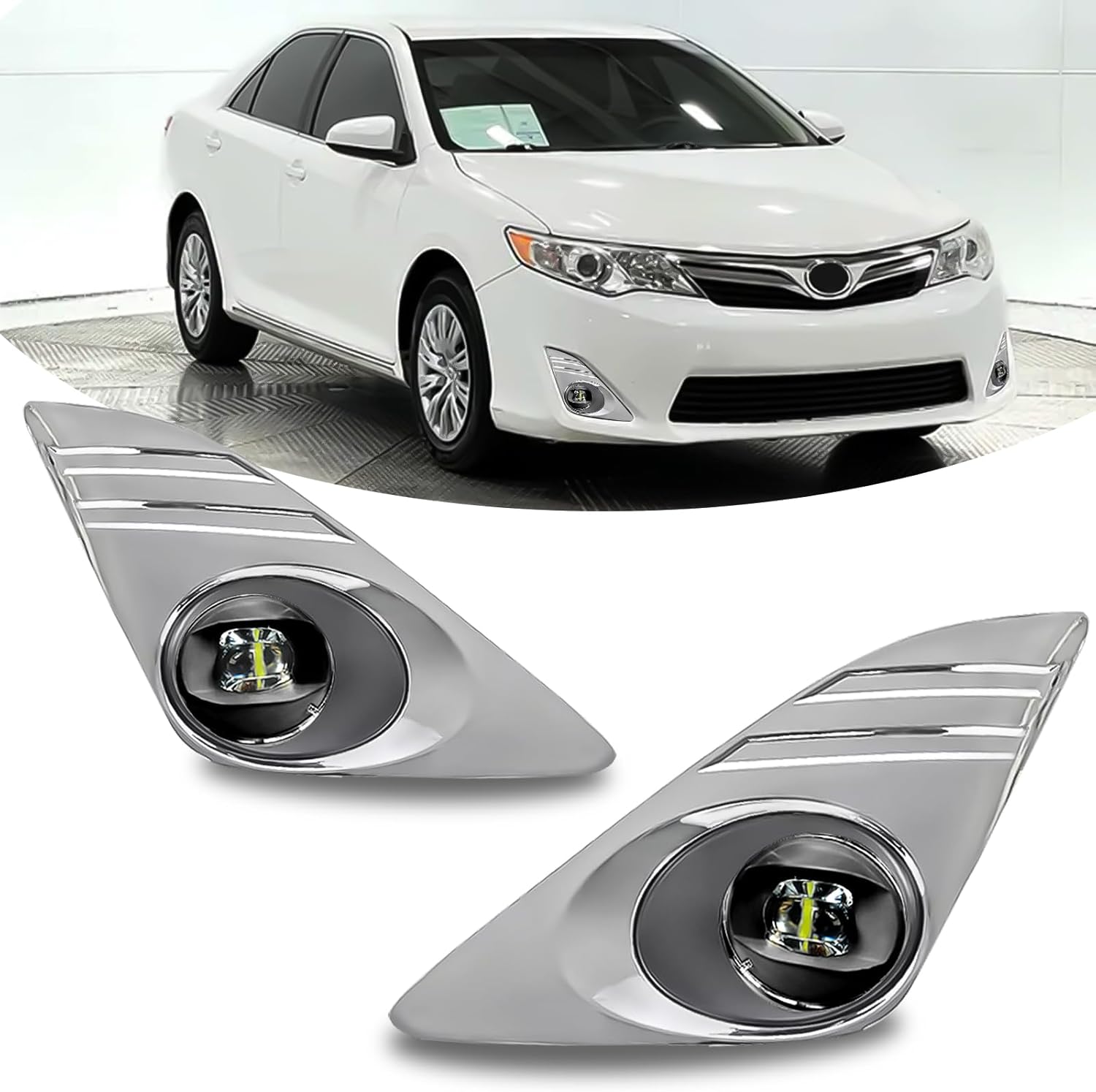 Mcooo LED Fog Lights-For 2012-2014 Toyota Camry(Not for SE Models), Fog Light Assembly Replacement,Include Switch, Wiring Harness,Plug and Play,Chorme Bezels