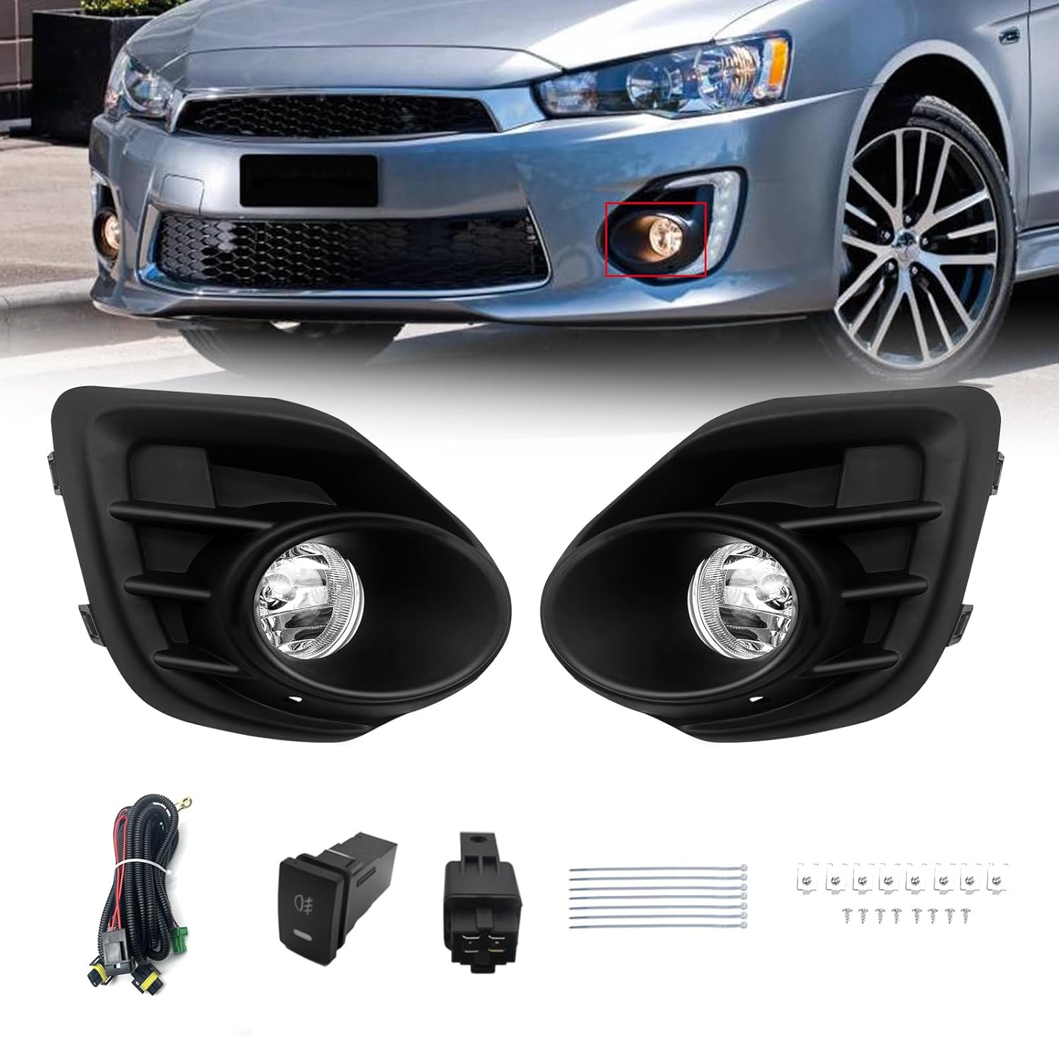 2016-2017 Mitsubishi Lancer Front Bumper Fog Lights with Wiring Harness & Switch – Clear Lens
