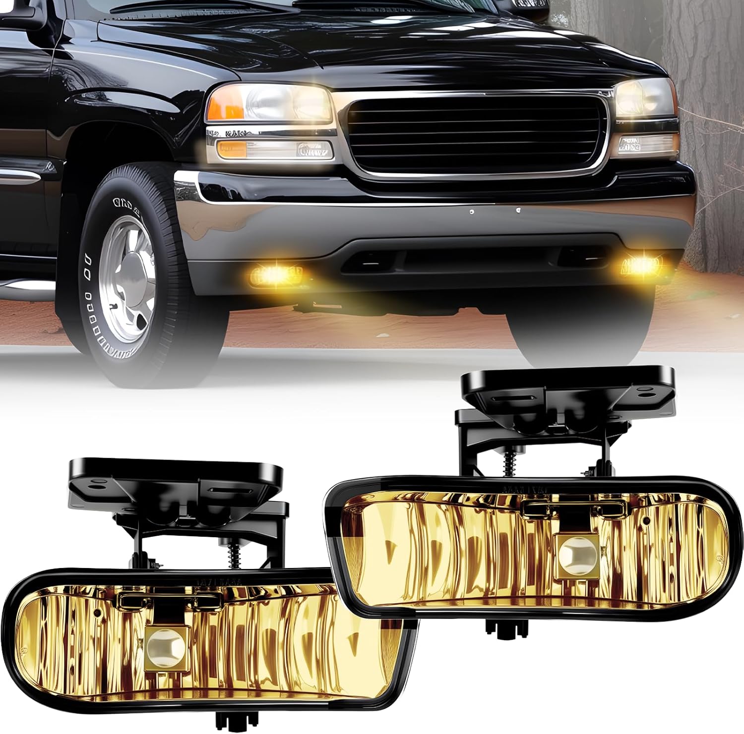 Mcooo Fog Lights Fit For 2000 2001 2002 2003 2004 2005 2006 GMC Yukon Pickup Truck / 1999 2000 2001 2002 GMC Sierra, A Pair Of Fog Lamps With Housing and Yellow Lens