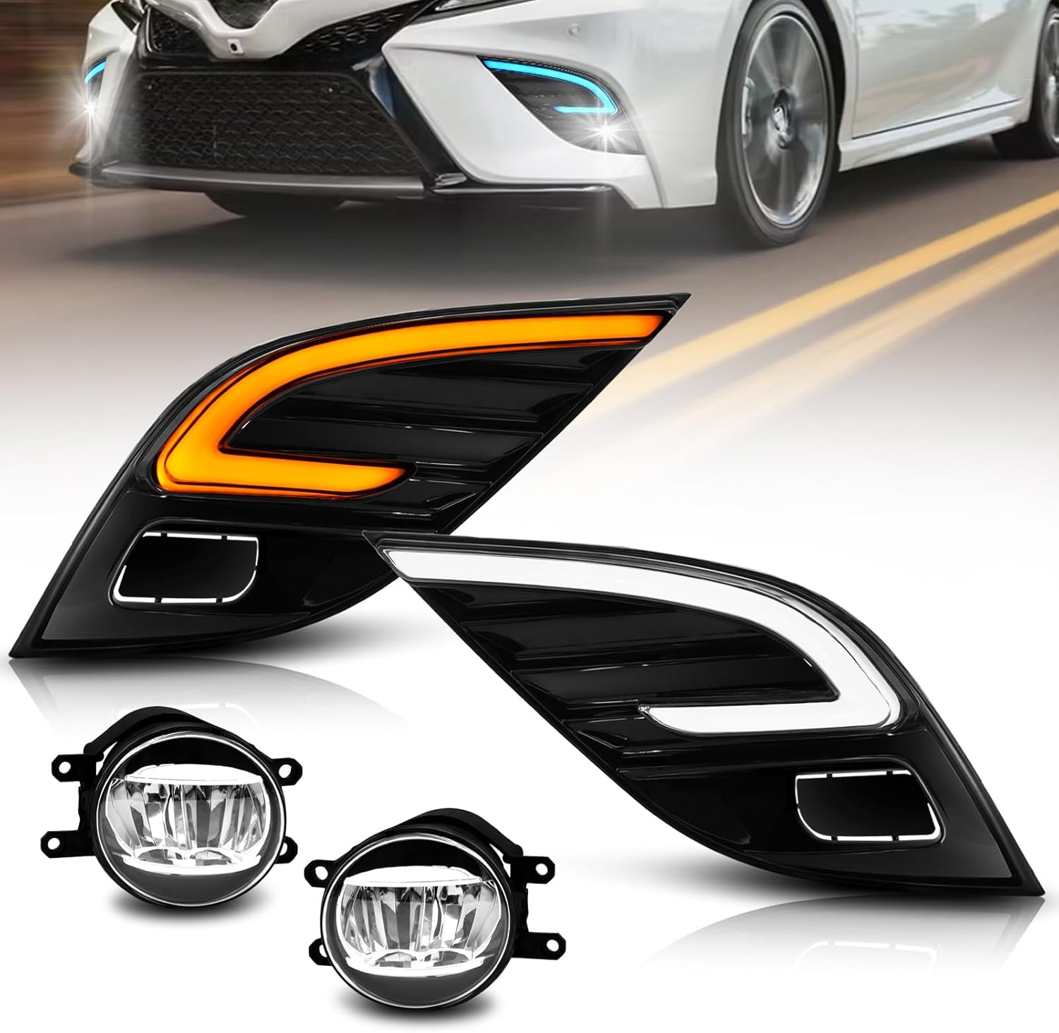 Mcooo LED Fog Light with 3-Colors Day Running Light Compatible with 2018 2019 2020 Toyota Camry SE/XSE/TRD,Amber Turn Signal light, Blue light for Night,Front Bumper Fog Lamp Replacement Kit