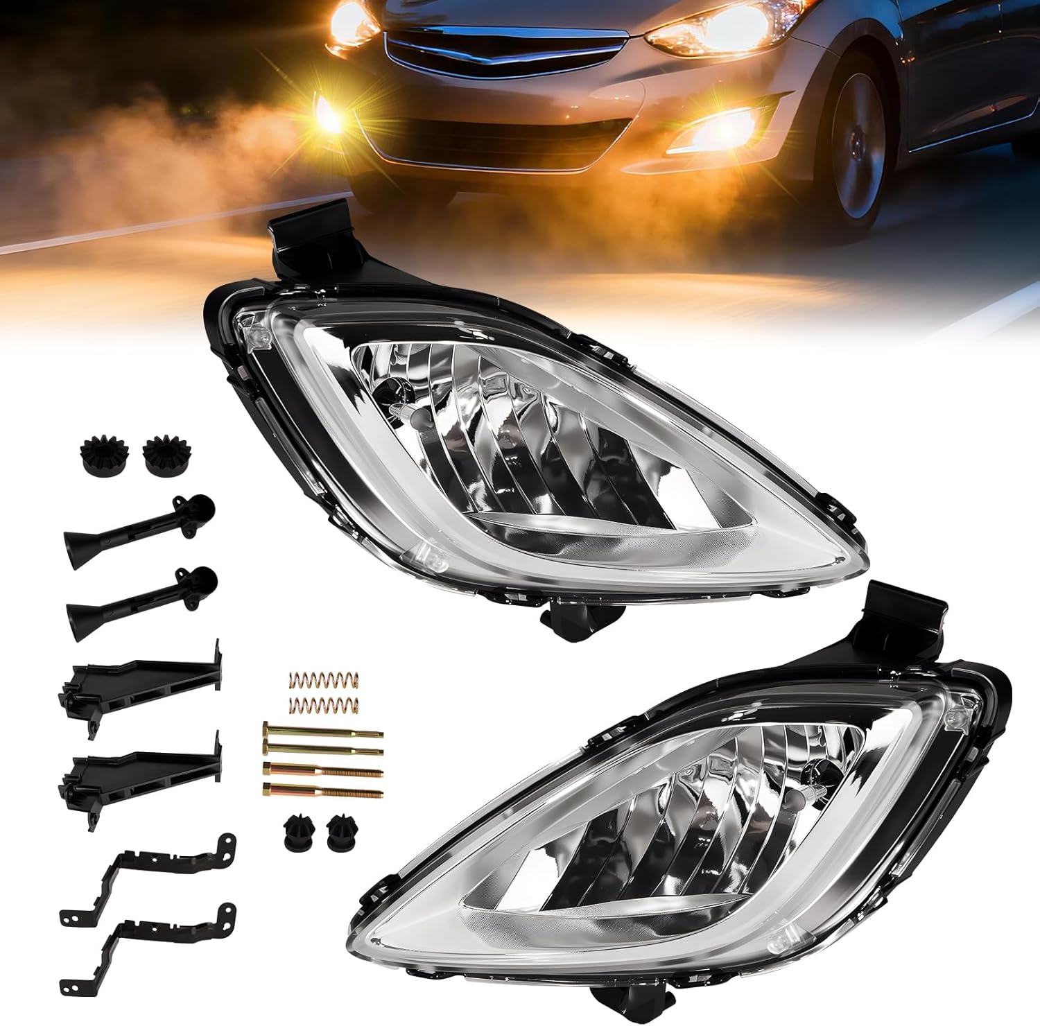 Mcooo Fog Light Assembly Compatible with Elan-tra 2011-2013 Bumper Lamp Right Left Side Halogen Bulbs Clear Lens
