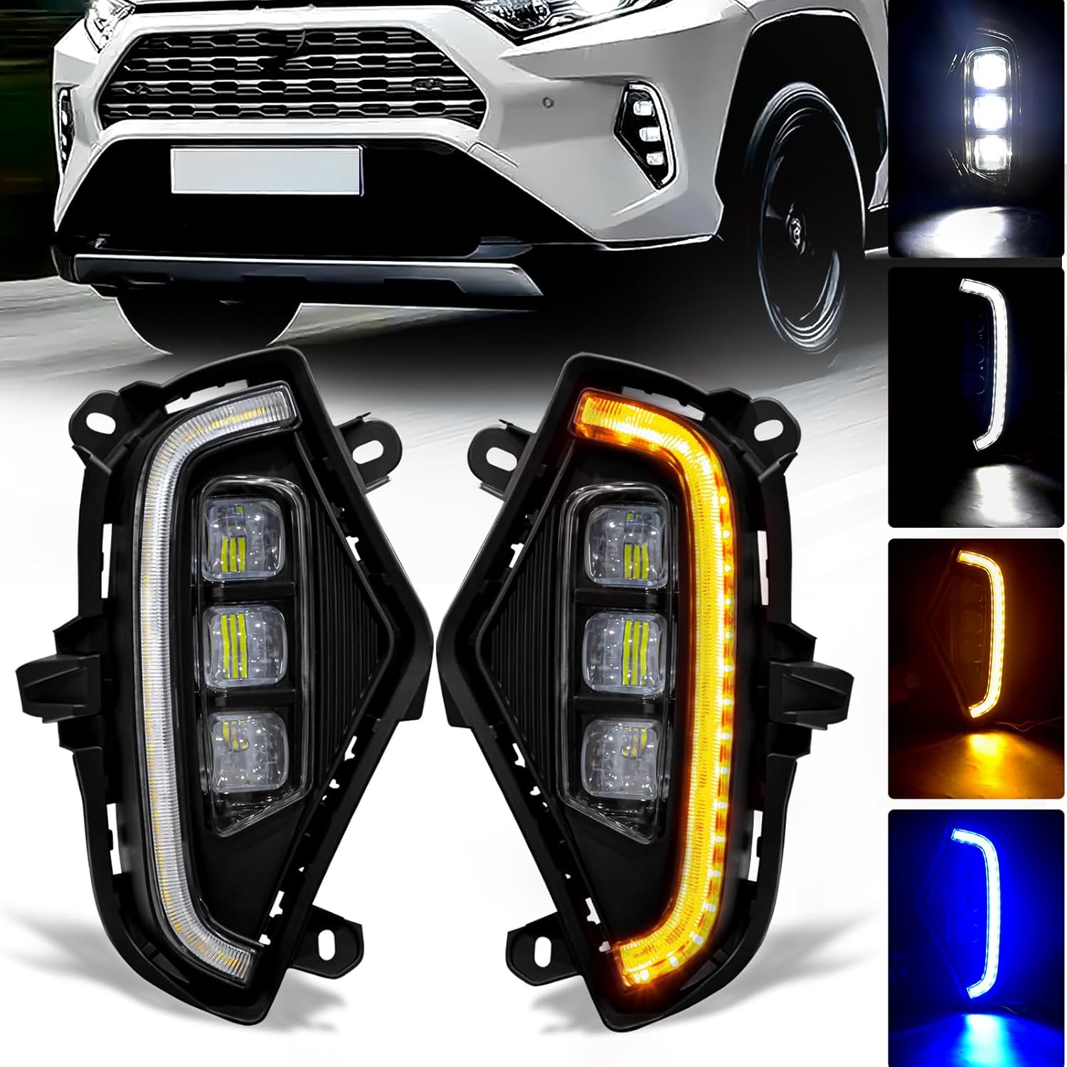 Mcooo LED Fog Lights with 3 Colors DRL for Toyota Rav4 2019-2025, White LED Daytime Running light, Amber Turn Signal,Blue Lights for Nights, Fog Lamp Assembly kit with Bezel Wiring Harness