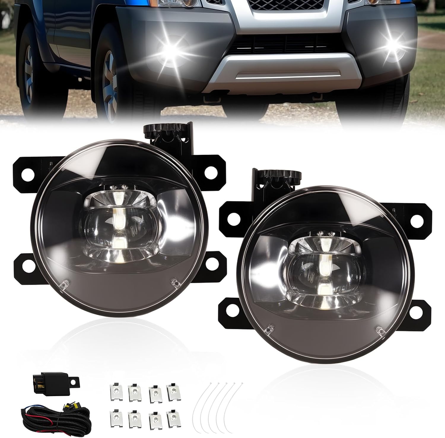 2005-2014 Nissan Xterra / 2010-2017 Frontier Front Bumper LED Fog Lights Assembly with Switch and Wiring Kit – Clear Lens