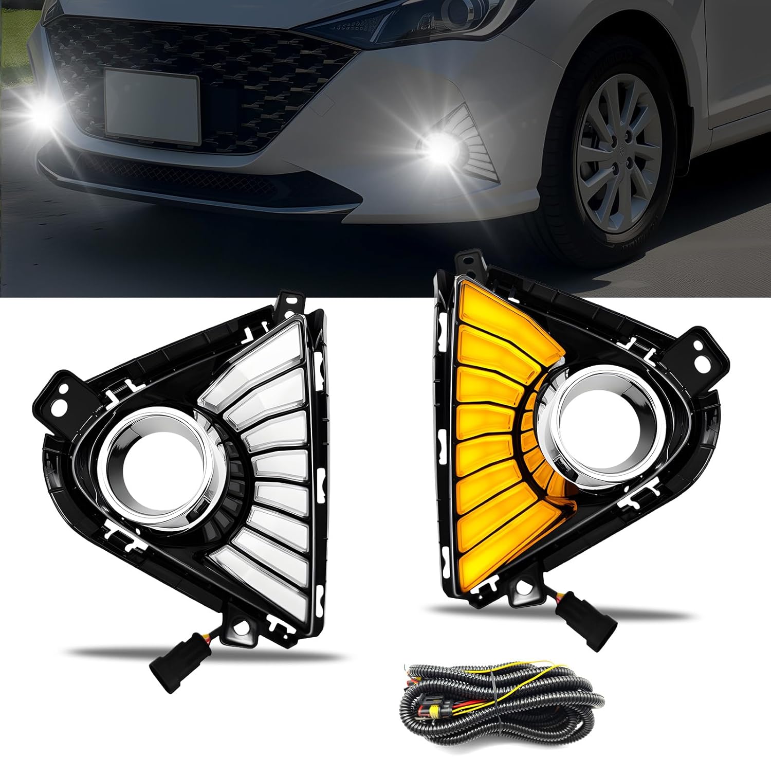 Mcooo LED Daytime Running Light Compatible with 2020-2023 Hyundai Accent with DRL Turn Signals Fog Lamps Assemblies w/Switch and Wiring Harness