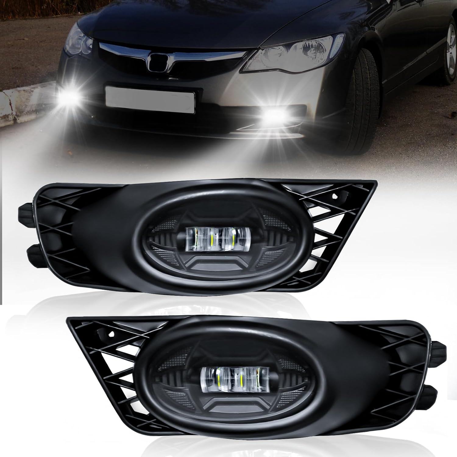 Mcooo LED Fog Lights for 2009 2010 2011 Honda Civic 4-Door Sedan,Front Bumer Driving Light Kit,Fog Lamps Replacement with Wiring Harness,Clear Lens,Plug and Play
