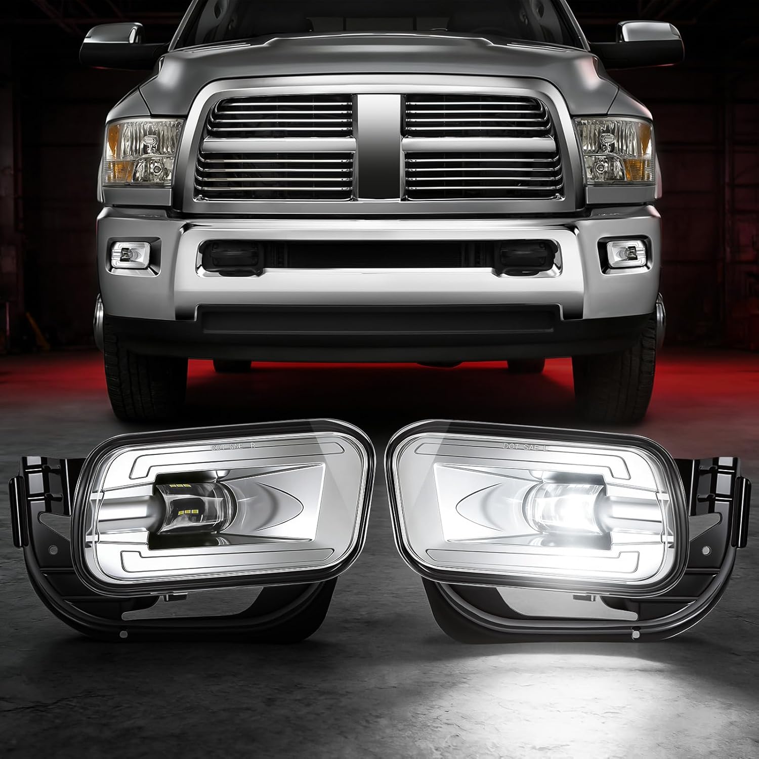 MCOOO Full LED Fog Lights with Lens Fit for 2009-2012 Dodge Ram 1500,2010-2018 Ram 2500 3500 Pickup Truck Fog Light Assembly, Upgrade and Modified Direct Replacement Len Fog Lamps 1 Pair, Chrome