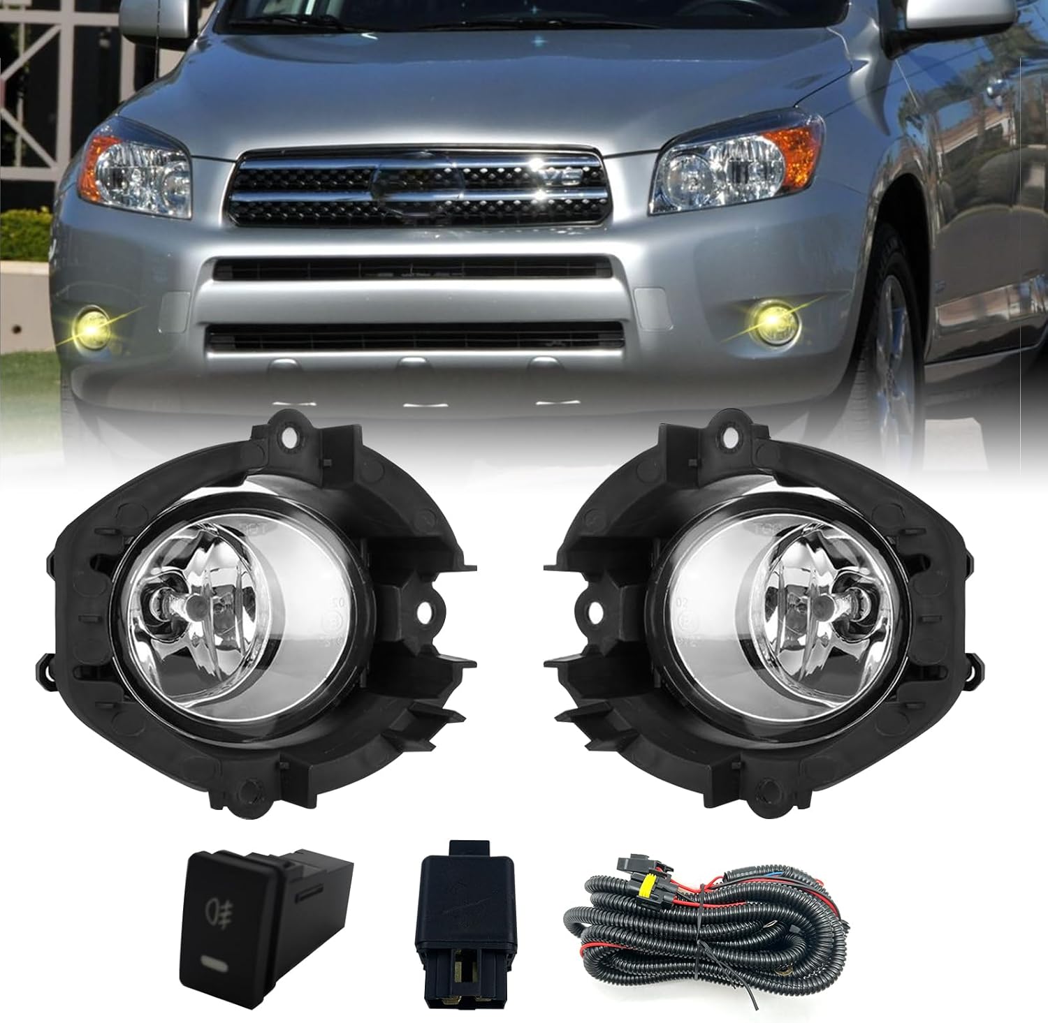 Mcooo Fog Lights Compatible With Toyota RAV4 2006 2007 2008, 1 Pair Fog Lamps with Bezels and H11 12V 55W Bulbs included Switch and Wiring kit