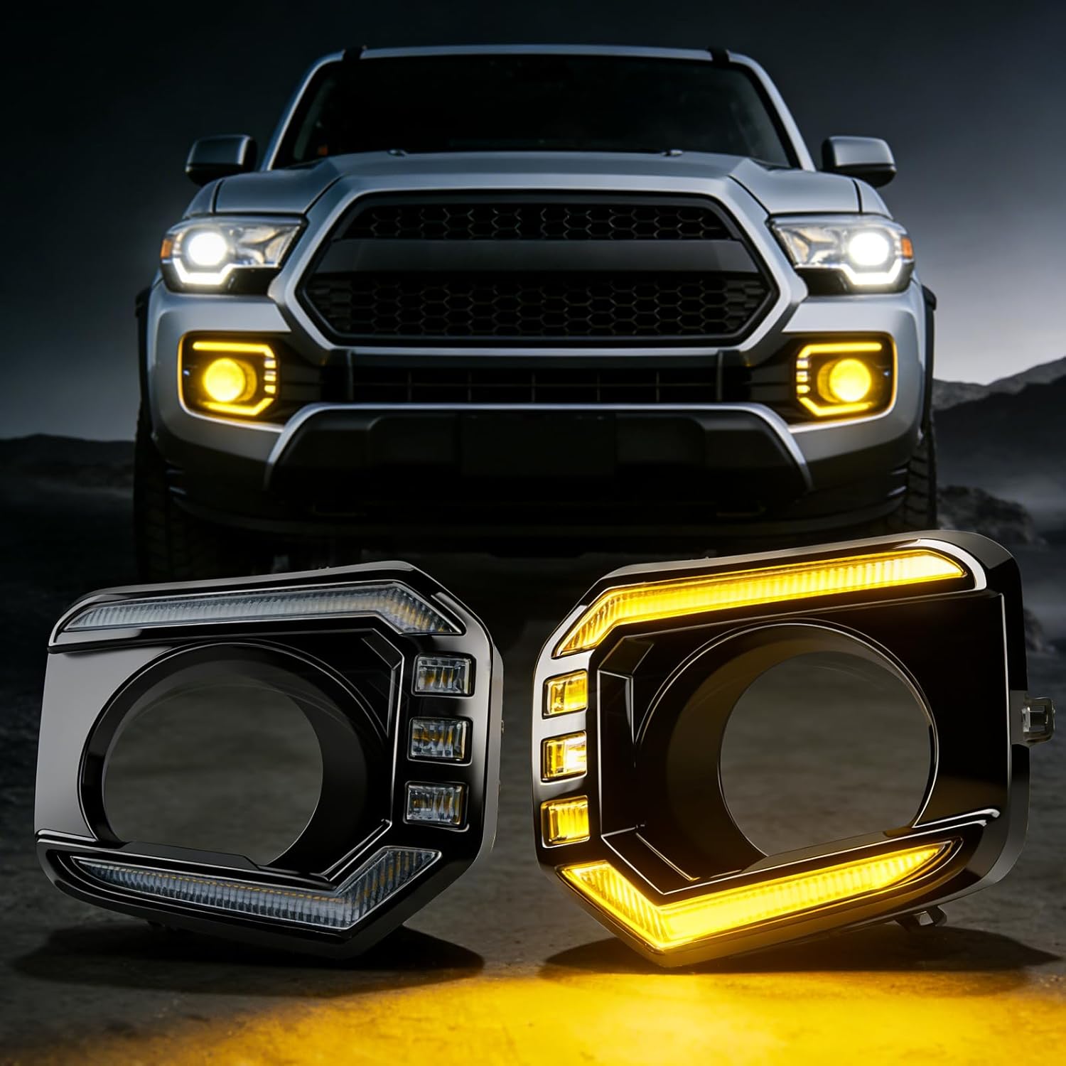 2016-2023 Toyota Tacoma Sequential Full LED DRL Fog Lights – Starting Animated, Dynamic Turn Signal, Smoked