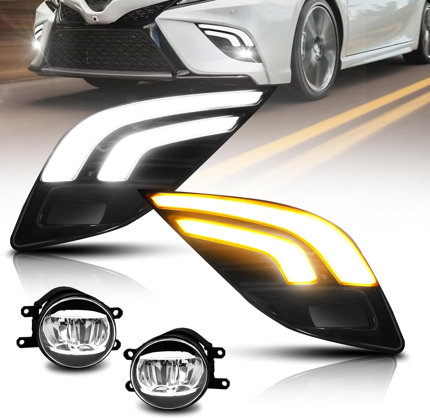 Mcooo LED Fog Light with White DRL for 2018-2020 Toyota Camry SE/XSE/TRD,with Amber Turn Signal light,Front Bumper Fog Lamp Replacement Kit,Including Wiring Harness,switch