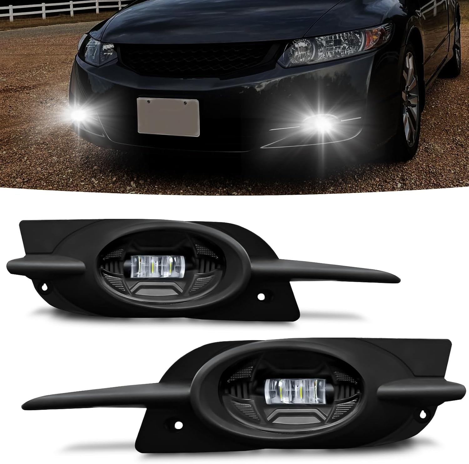 Mcooo LED Fog Light for 2009-2011 Honda Civic Coupe 2dr,Front Bumer Driving Light Kit, Fog Lamp Assembly Replacement with Switch and wiring Harness, Plug and Play, Easy to Install