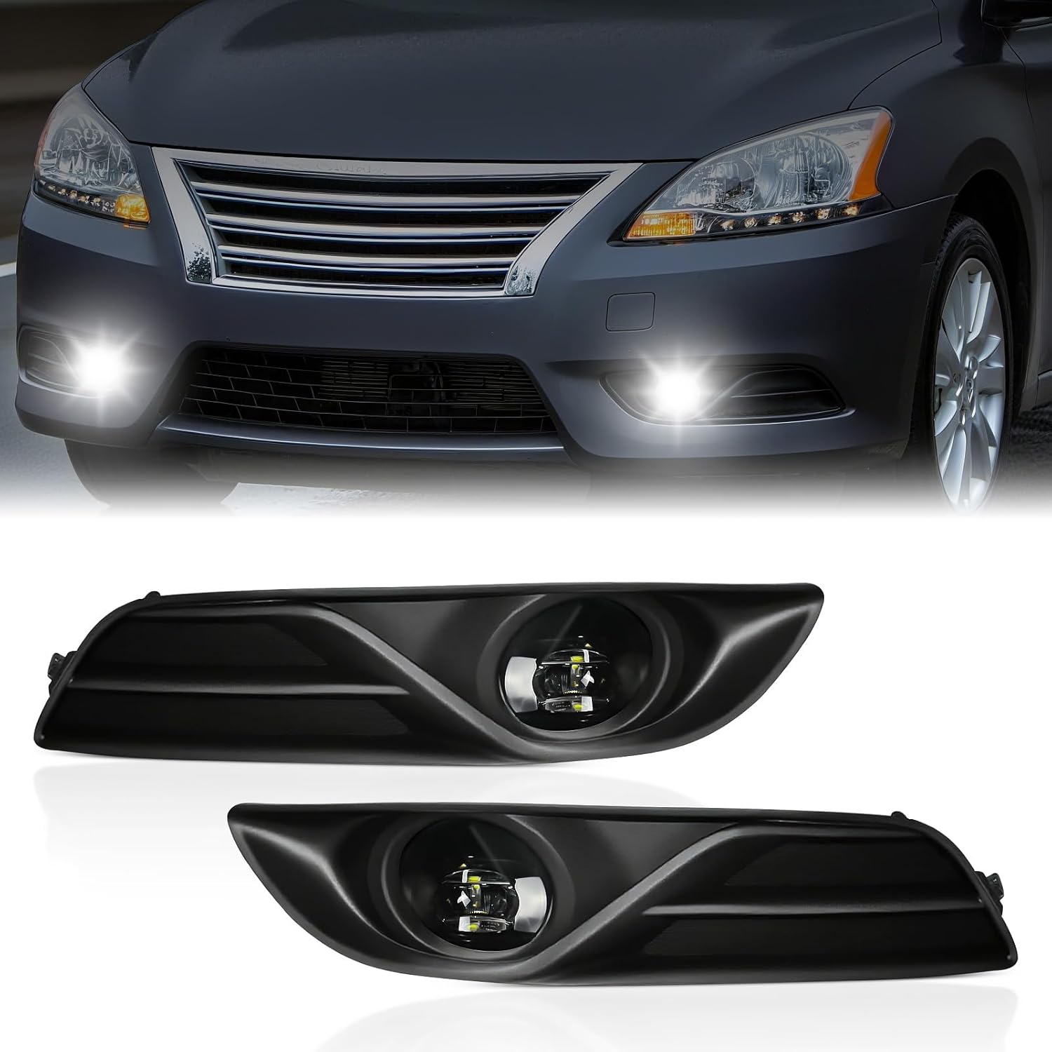 mcooo LED Fog Light,Compatible with 2013-2015 Nissan Sentra(Not Fit for SR type),Front Bumer Driving Light Fog Lamp Assembly Kit with Wiring Harness, Switch,Plug and Play