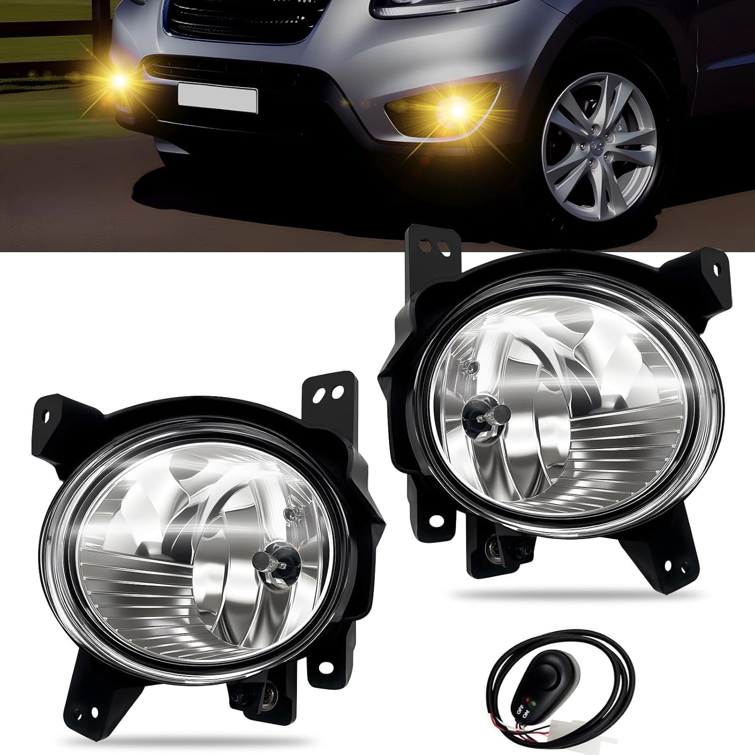 Mcooo Fog Lights Assemblies Compatible With Fog Lights Compatible with 2010 2011 2012 Hyundai Santa Fe Front Bumper Fog Lamps Replacement with Wiring Harnes