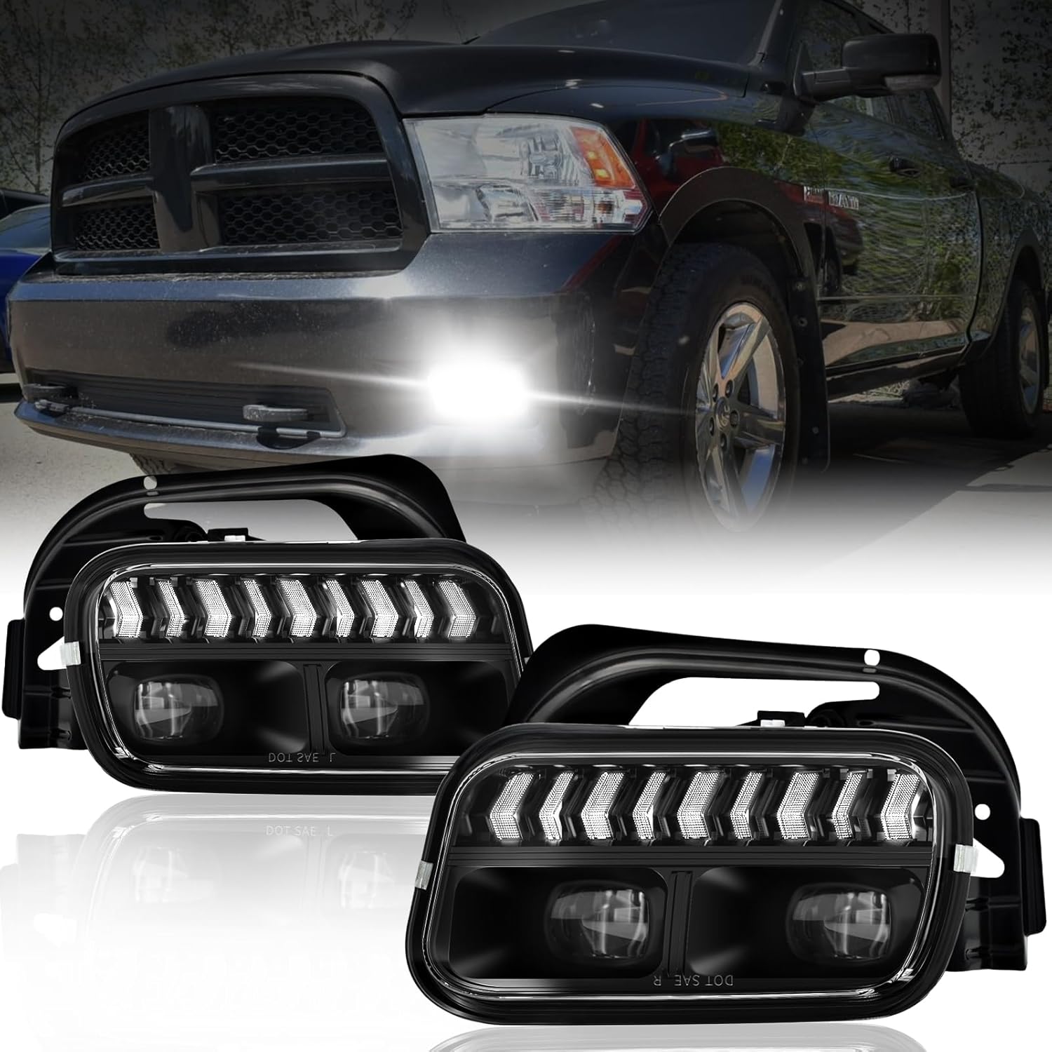 Mcooo LED Fog Lights for Dodge Ram 2009-2012 1500, 2010-2018 2500, 2010-2018 3500 with Daytime Running Lights DRL Set Assembly 1 Pair Driving Fog Lamps Replacement