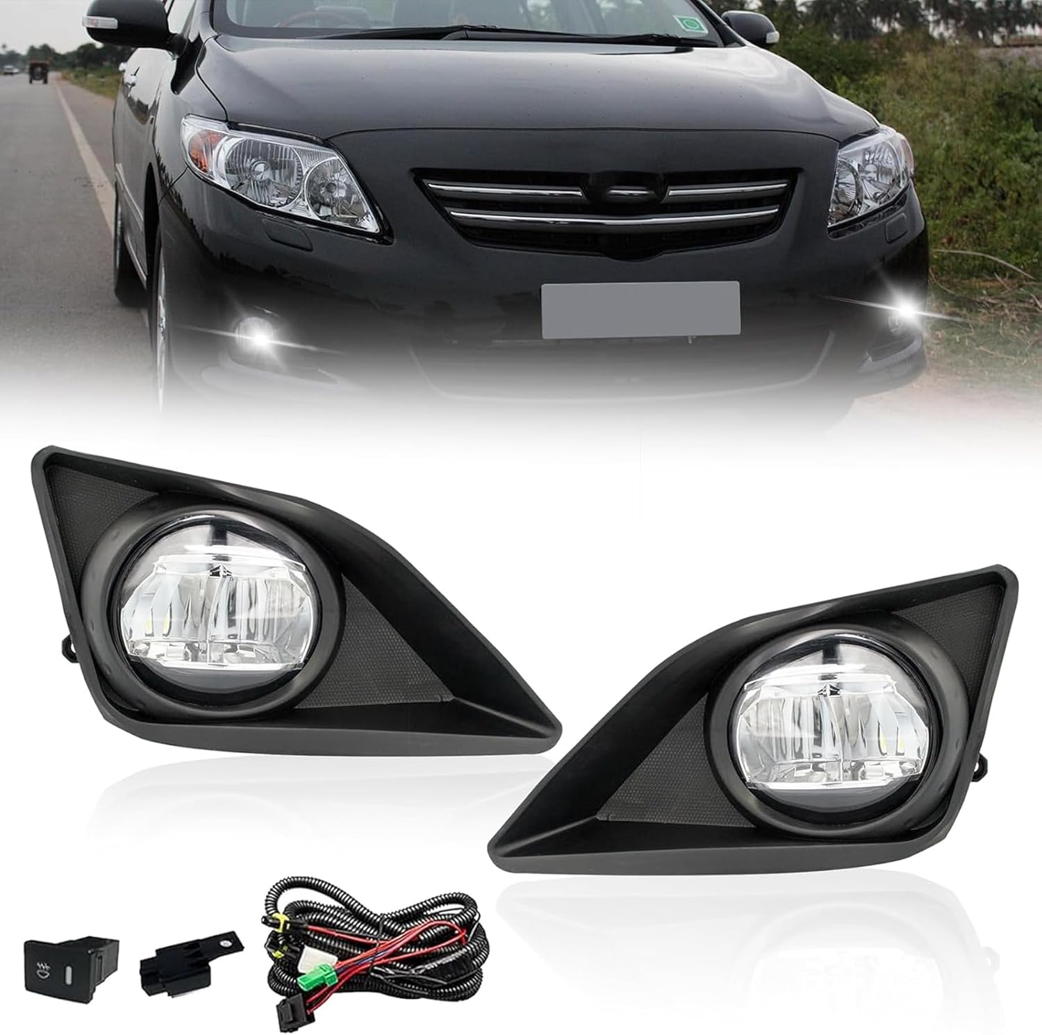 2008-2010 Toyota Corolla/Altis Front Bumper LED Fog Lights with Switch and Wiring Harness – Clear Lens