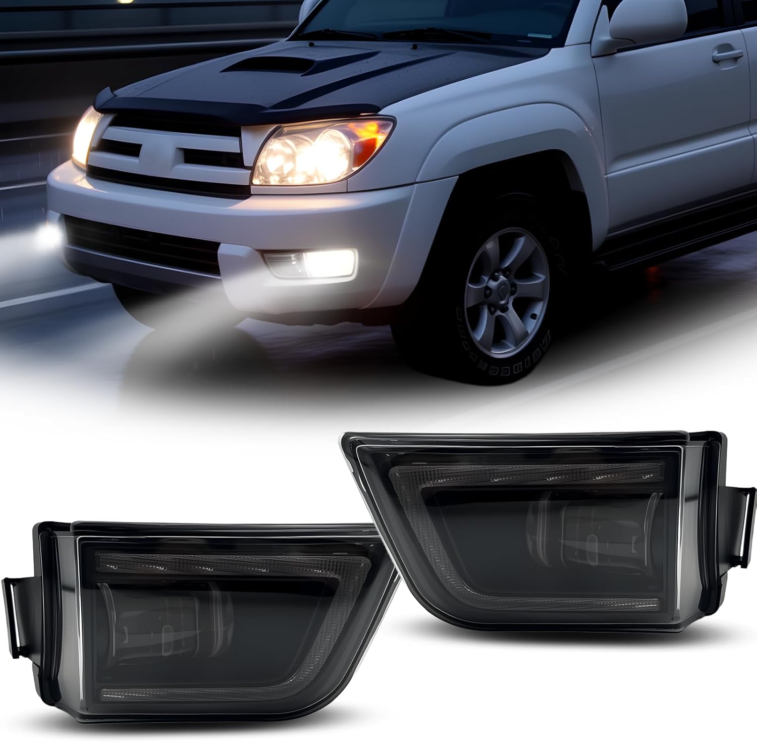 Mcooo LED Fog Lights Assembly For 2003 2004 2005 Toyota 4Runner, A Pair of Front Fog Lamps With Daytime Running Lights And Turn Signal Lights- Clear Lens