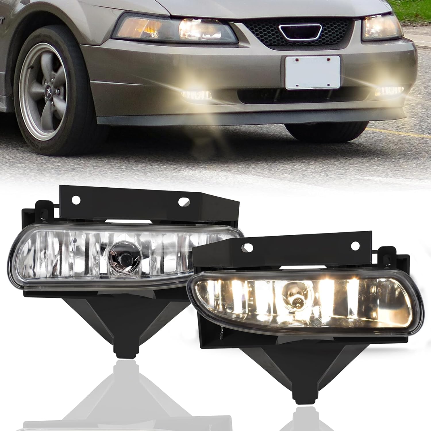 Mcooo Fog Lights Assembly Compatible with 1999-2004 Ford Mustang, Bumper Driving Fog lamp Assembly Replacement (Halogen Fog Lights)