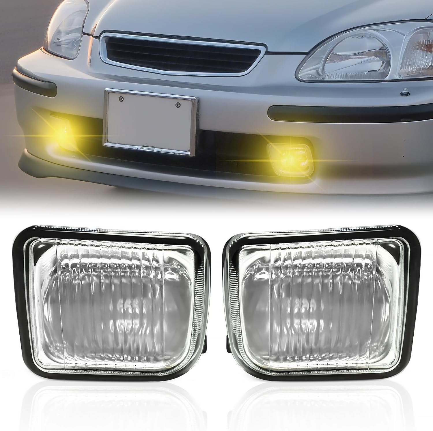 Mcooo Fog Lights Fit for 1996 1997 1998 Honda Civic 4-Door Sedan,1 Pair Driving Fog Lamps, Front Bumper Fog Light Replacement with Switch Wiring Harness,Amber lens (Clear Lens)