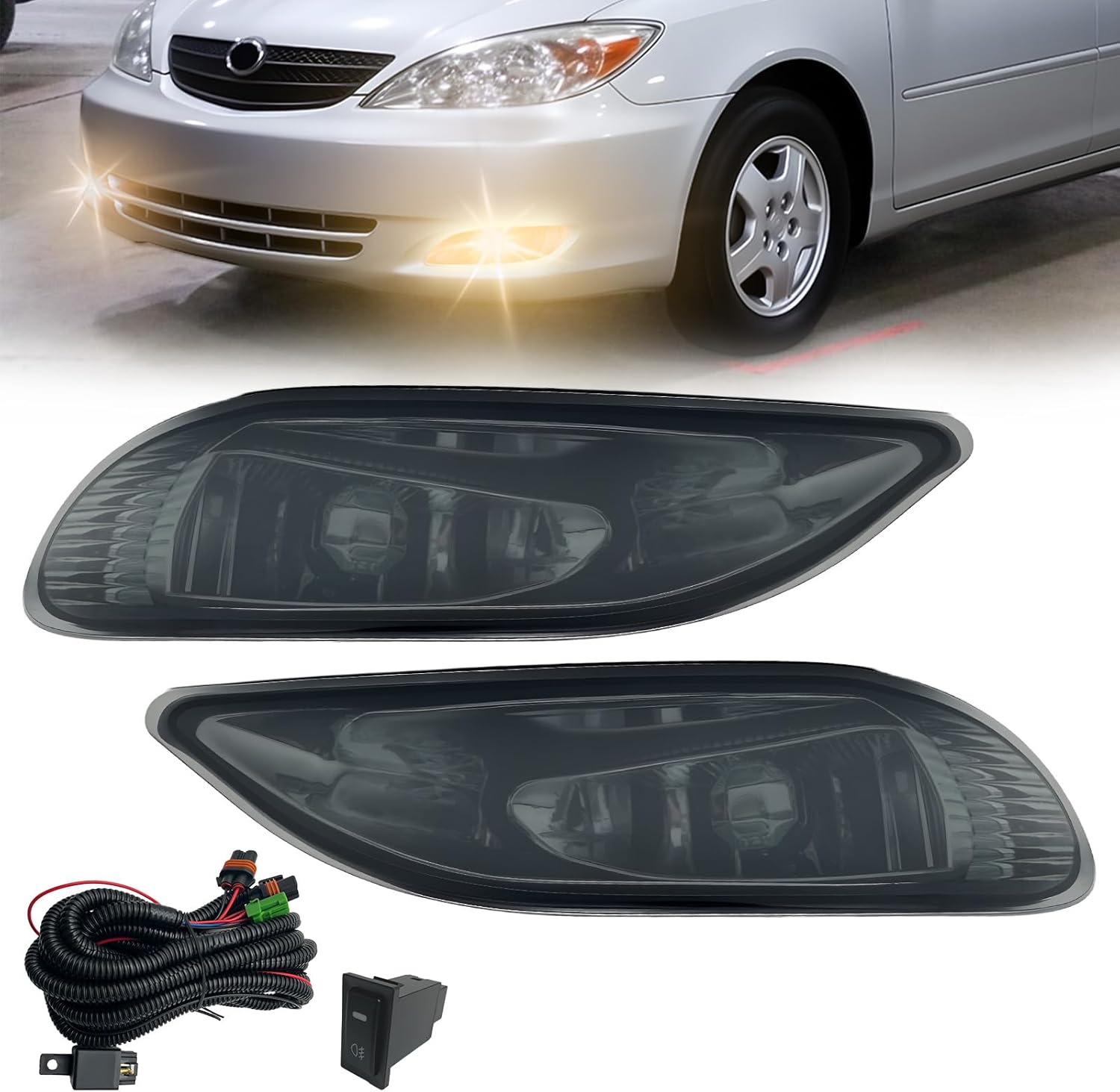 Mcooo Fog Lights Assembly For 2002 2003 2004 Camry, 2005 2006 2007 2008 Corolla, 2002 2003 Solara With Switch and Wiring Kit And Halogen Bulbs- Smoked Lens