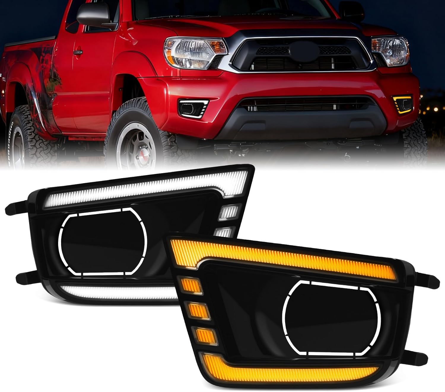 Mcooo LED Daytime Running Lights For 2012 2013 2014 2015 Toyota Tacoma, with Amber Dynamic Turn Signal Lights, Fog Lights DRL Harness