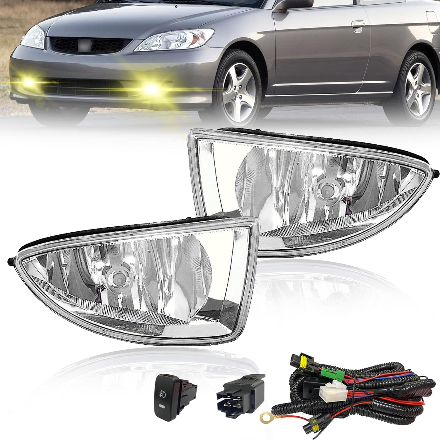 MCOOO Driving Fog Lights Compatible with 2004-2005 Honda Civic 2/4DR 1 Pair Bumper Fog Lamps with Halogen Bulb, Switch and Harness (Clear Lens)