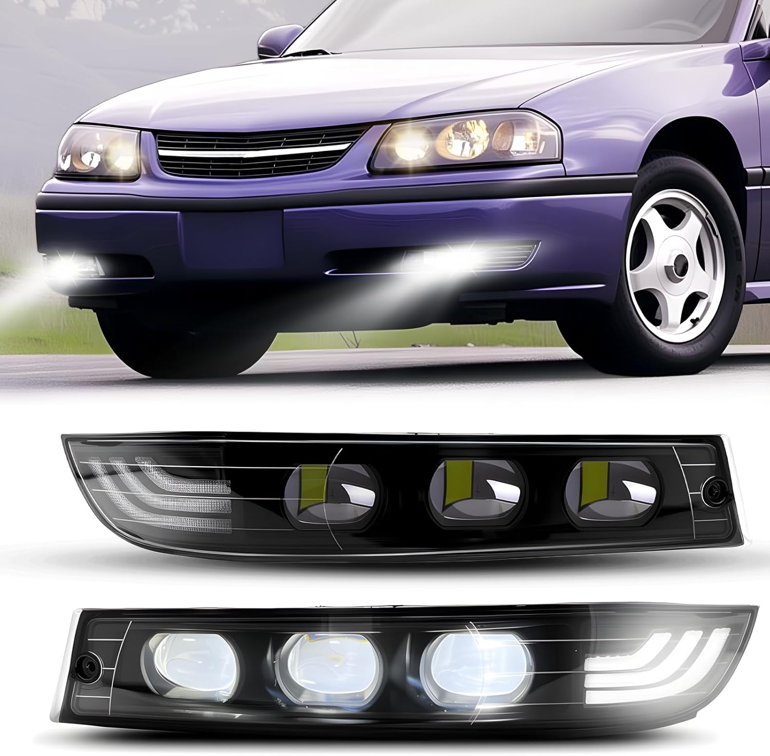 Mcooo LED Fog Lights Assembly Compatible With 2000 2001 2002 2003 2004 2005 Chevy Impala Front Bumper Driving Fog Lamps with White Daytime Running Lights & Amber Turn Signal Lights