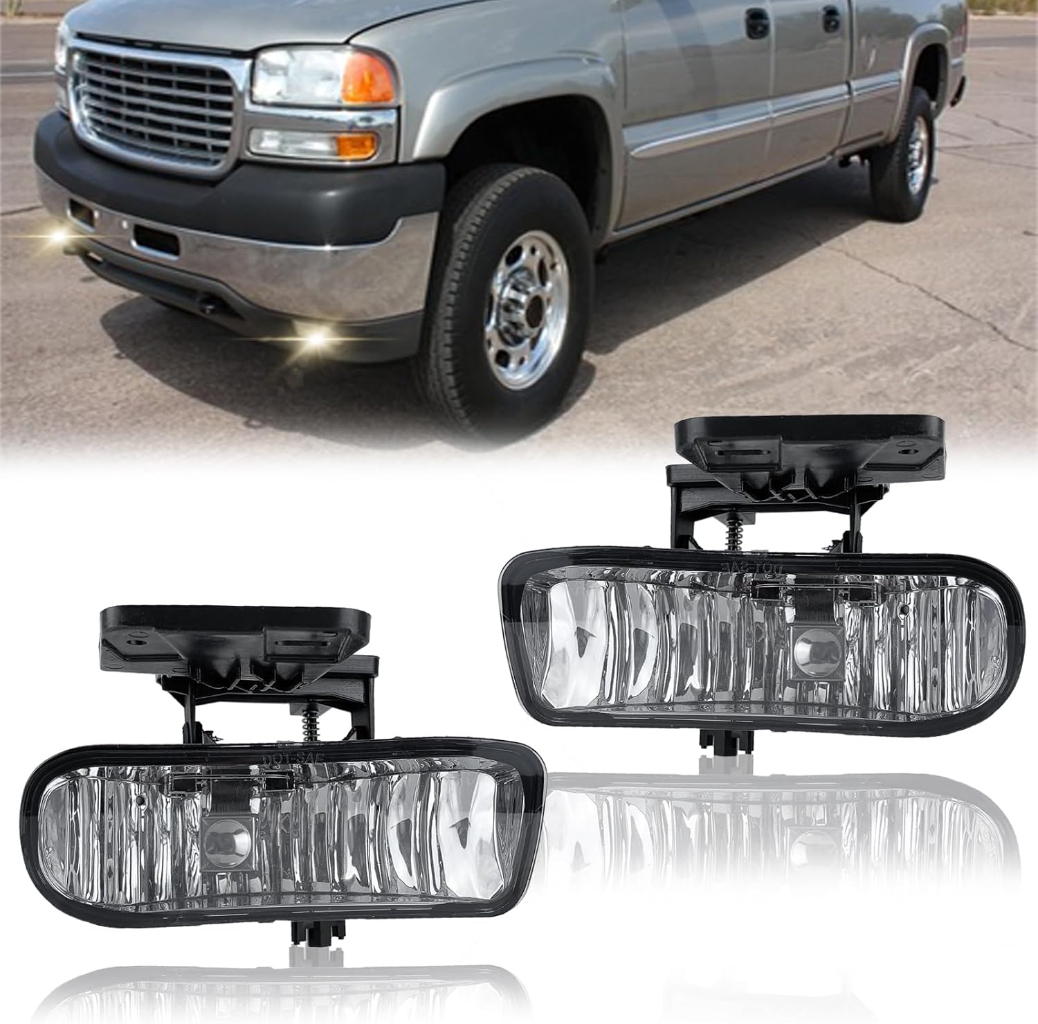 Mcooo Fog Lights Compatible With 2000 2001 2002 2003 2004 2005 2006 GMC Yukon Pickup Truck / 1999 2000 2001 2002 GMC Sierra, A Pair Of Fog Lamps With Housing And Clear Lens