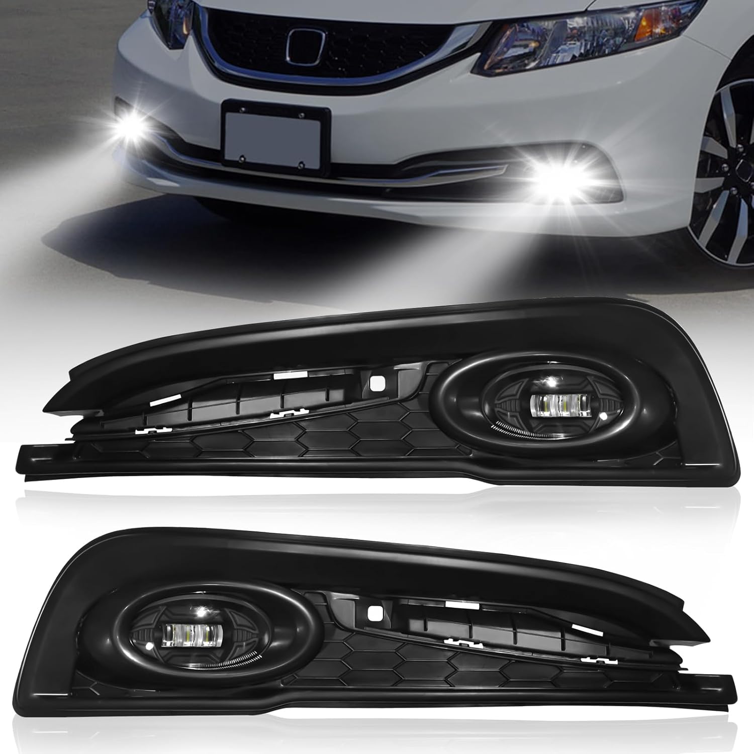 Mcooo LED Fog Lights Fit for 2013 2014 2015 Honda Civic 4-Door Sedan, Front Bumper Driving Light Kit, Fog Lamps Replacement with Wiring Harness,Clear Lens,Plug and Play
