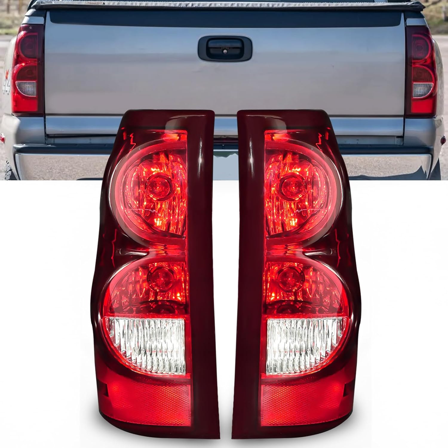 Mcooo Tail Light with bulbs for 2003-2006 Chevy Silverado, Running Light Turn Signal, Brake, Reverse,Driver and passenger side Rear Taillights With Bulb and Harness,Black Trim