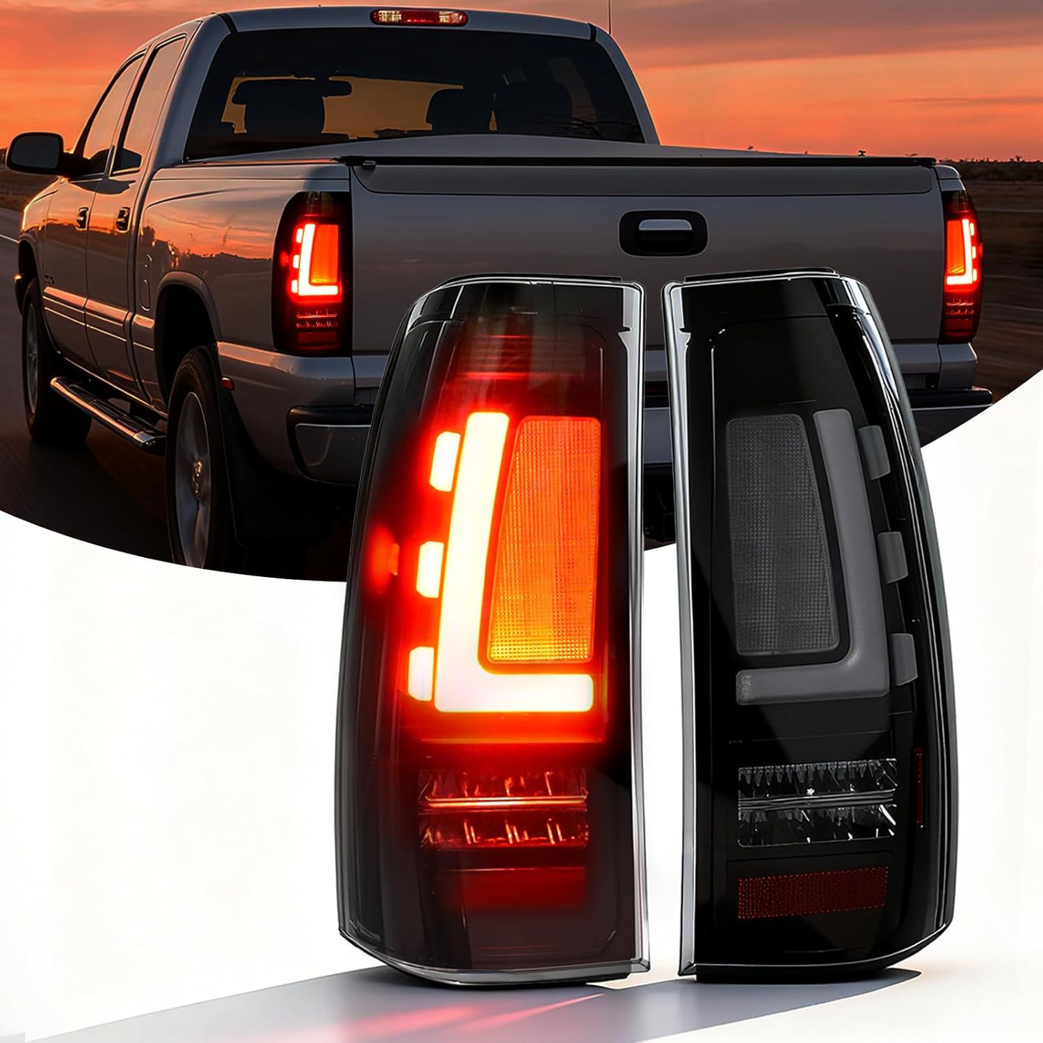Mcooo Full LED Tail Lights Assemble Compatible for 1999-2006 GMC Sierra 1500/2500/3500 & 1999-2002 Chevy Silverado 1500/2500 With Start-Up Animation, Dynamic Turn Signals, Brake Light,Reverse Light