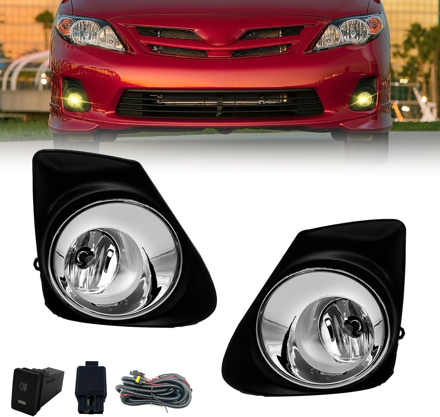 2011-2013 Corolla Fog Lights Assembly with Chrome Bezels, Switch and Wiring Kit