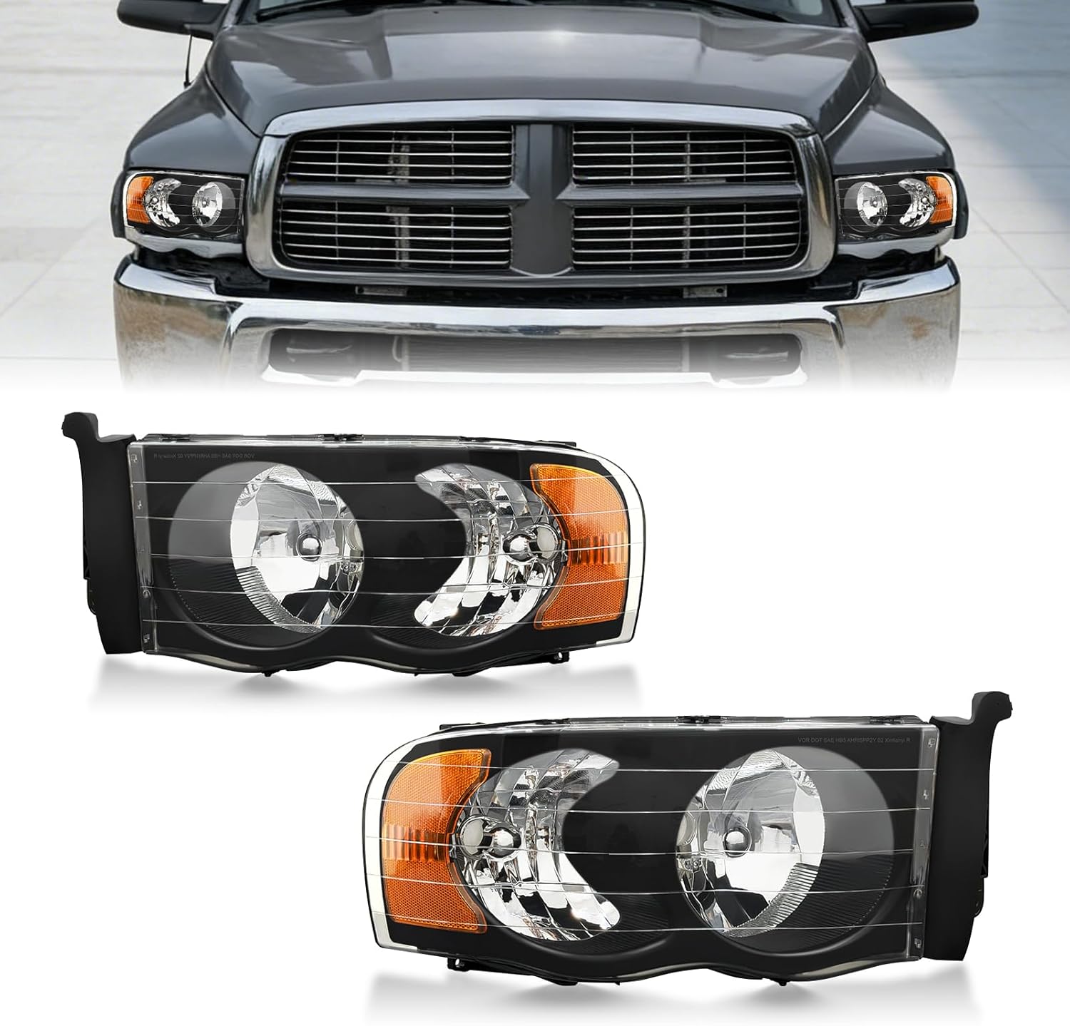 2002-2005 Dodge Ram 1500/2500/3500 OEM Style Replacement Headlights Assembly – Black Trim
