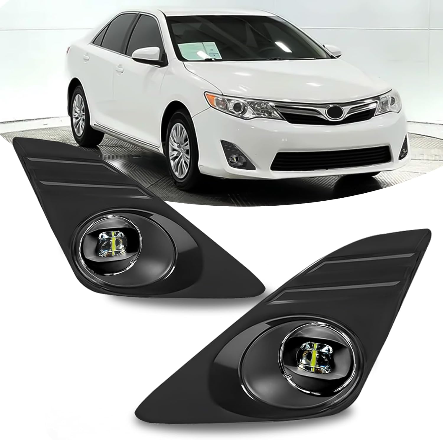 Mcooo LED Fog Lights-For 2012-2014 Toyota Camry(Not for SE Models), Fog Light Assembly Replacement,Include Switch, Wiring Harness,Plug and Play,Black Bezels