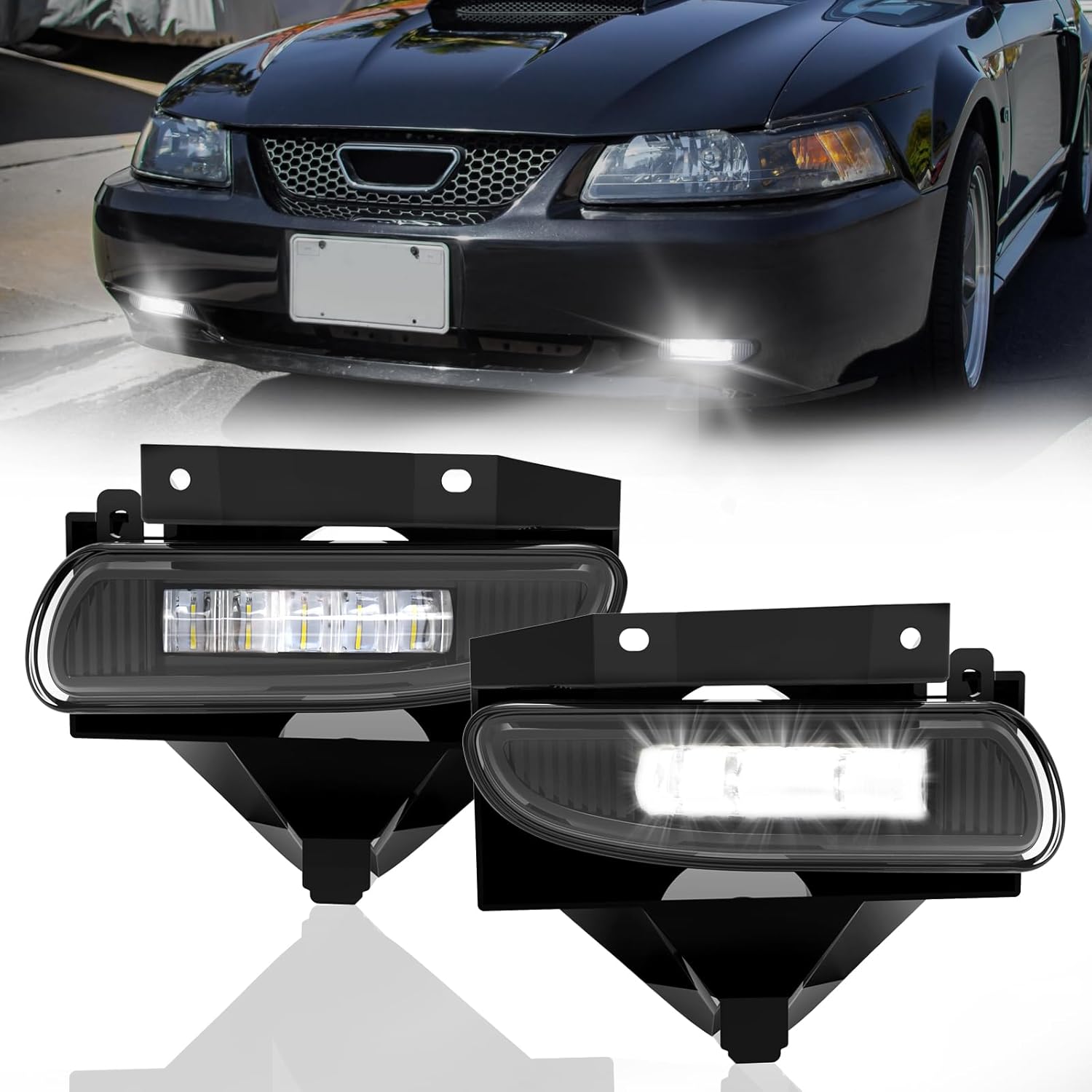 Mcooo Fog Lights Assembly Compatible with 1999-2004 Ford Mustang, Bumper Driving Fog lamp Assembly Replacement (LED Fog Lights)