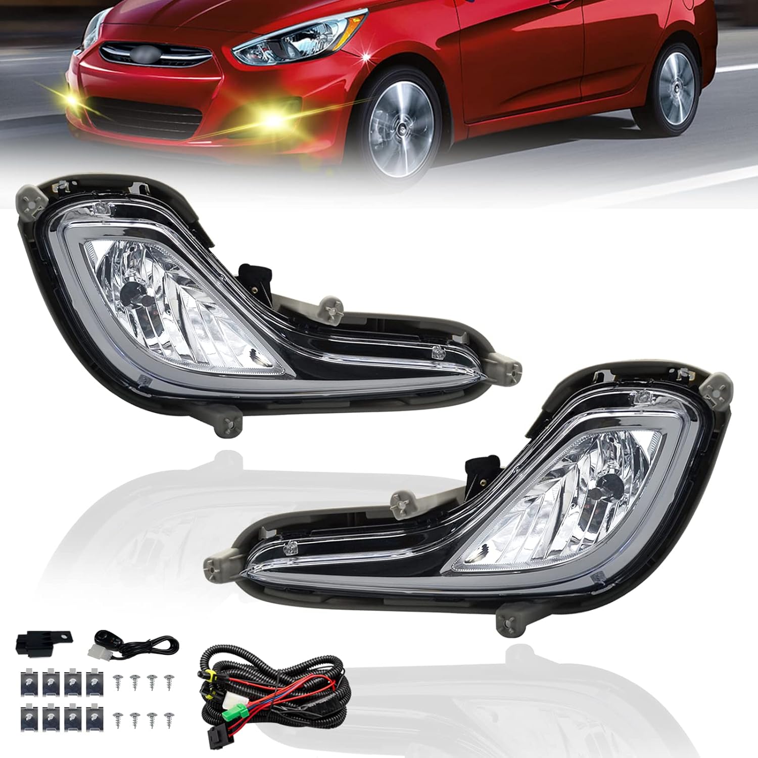 Mcooo Fog Lights Fit For 2012-2017 Hyundai Accent Pair Fog Lights Bumper Lamps Full Kit with Switch and Harness (Clear Lens)