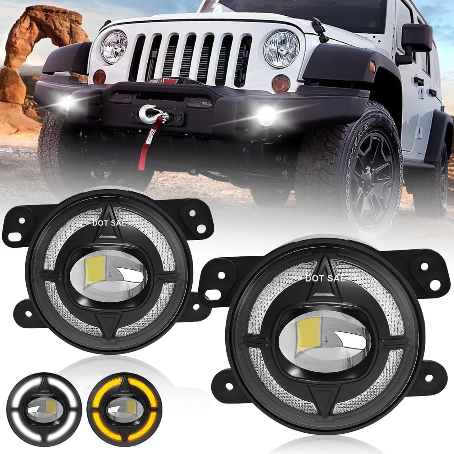 mcooo 4-Inch LED Fog Lights with Integrated DRL & Turn Signals - Perfect Fit for 2007-2018 Jeep Wrangler JK - Complete Jeep Wrangler Fog Lamp Replacement Kit (1 Pair)