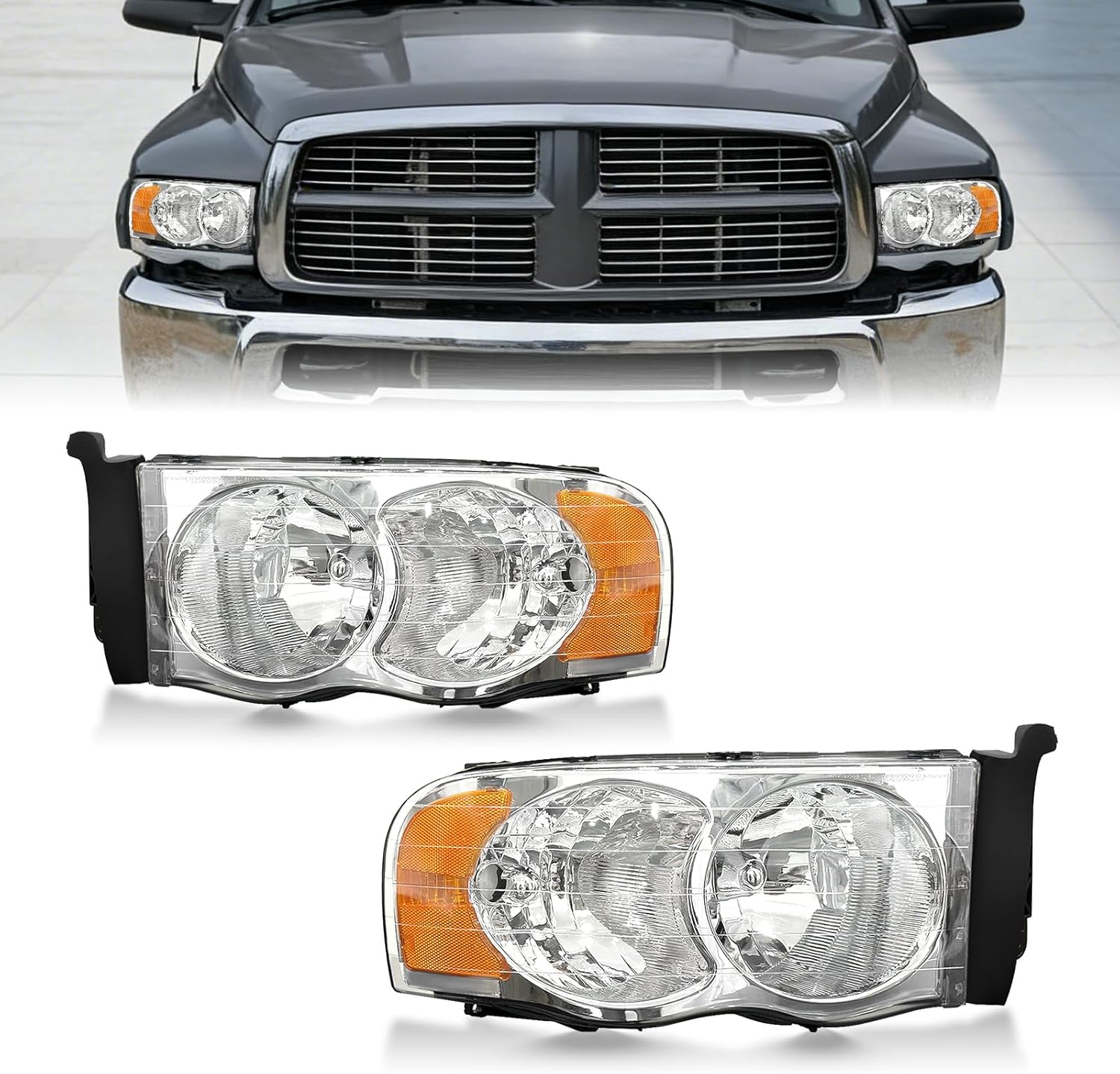 2002-2005 Dodge Ram 1500/2500/3500 OEM Style Replacement Headlights Assembly – Clear Trim